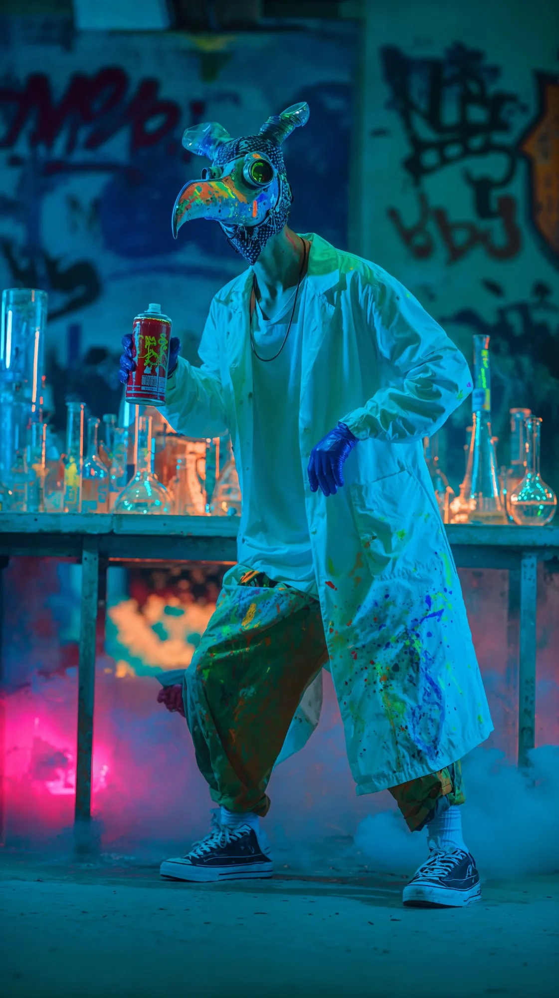 A bird-headed chemist in a neon graffiti lab
