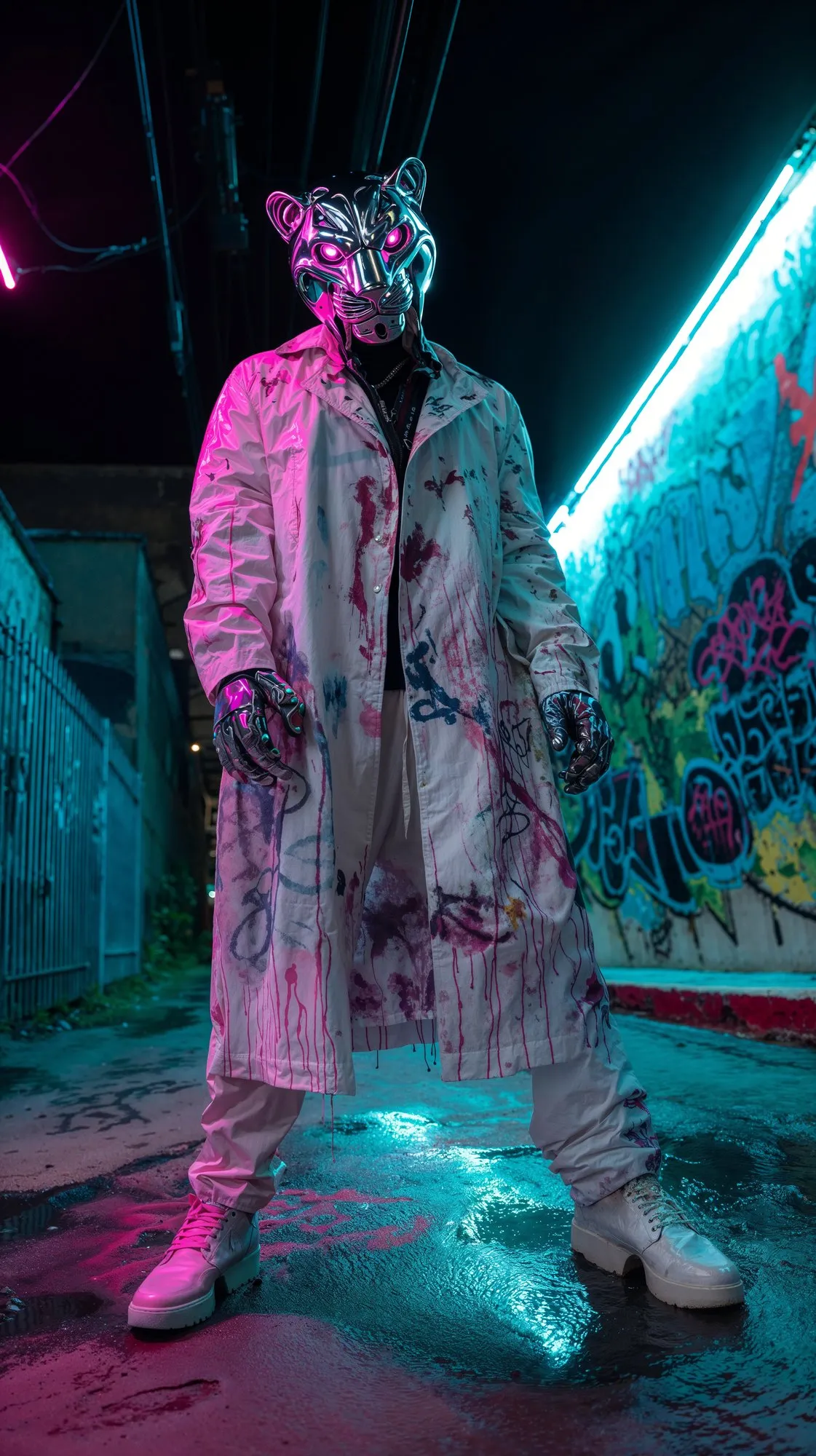 A leopard-masked figure in a paint-splattered coat under neon light