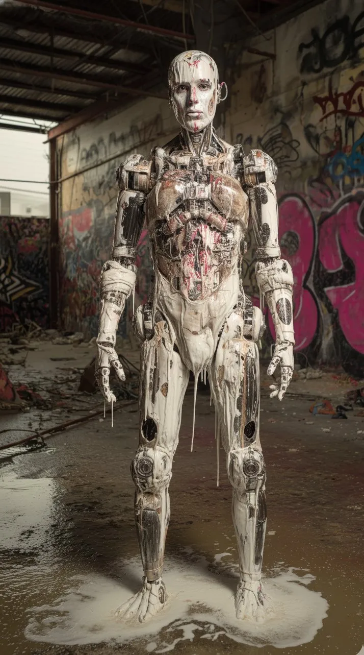 A cracked porcelain android standing in a graffiti hall