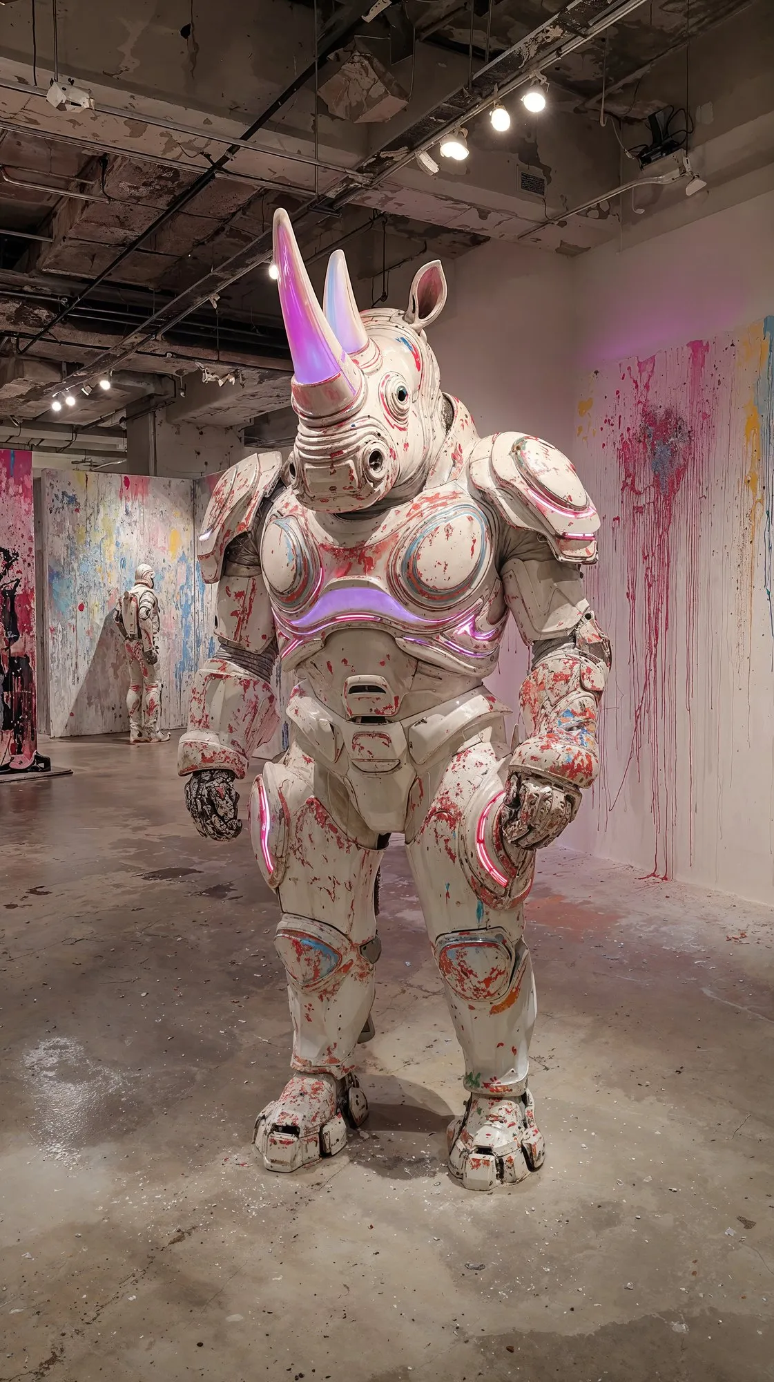 A rhino-headed figure in pink ceramic armour in a gallery