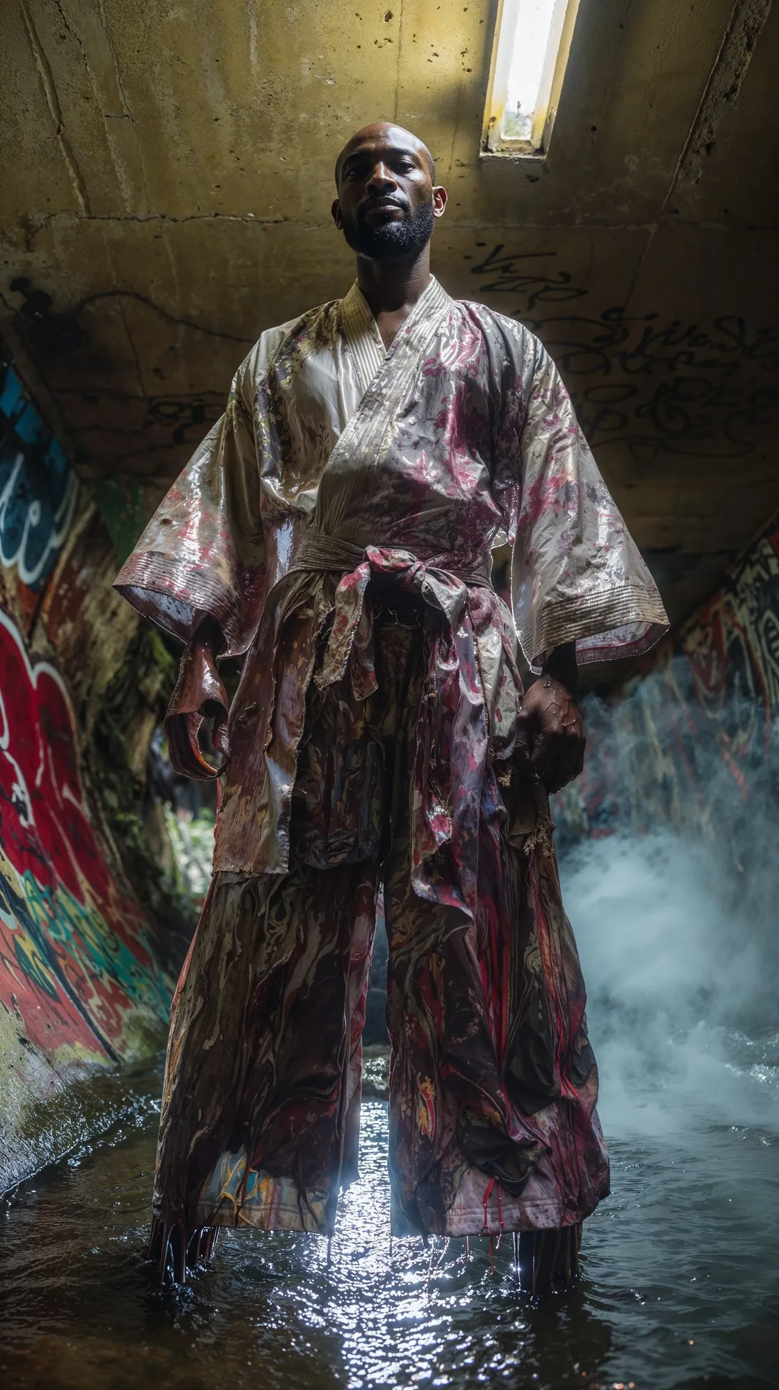 A man in a flowing painted robe standing in fog and water