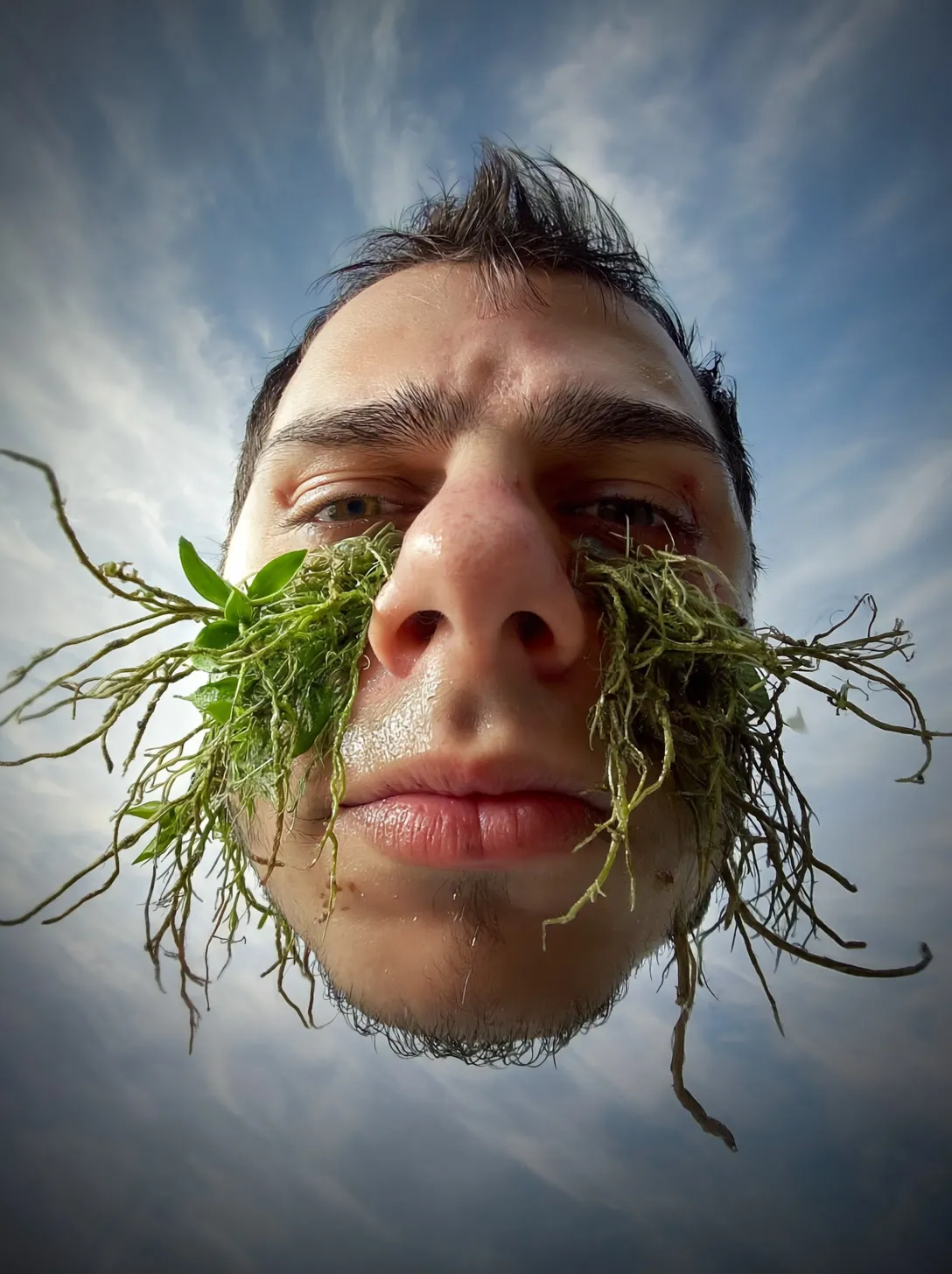 A man with roots growing out of his nose, shot from below