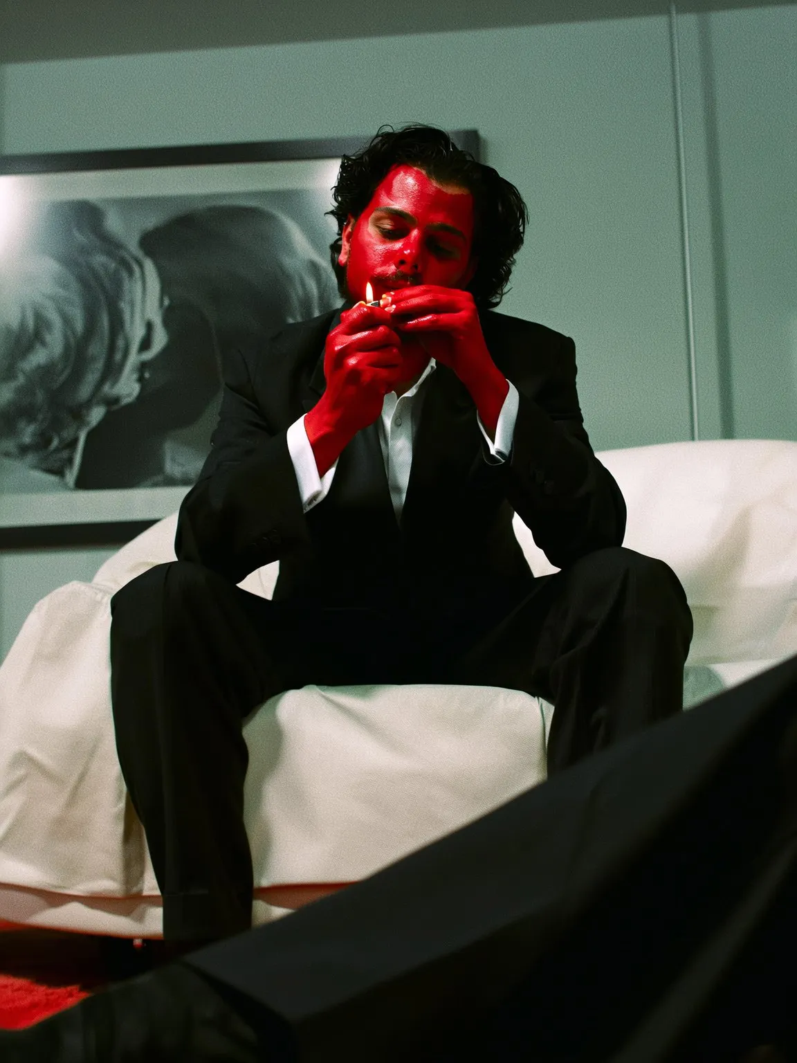 AI self-portrait: black suit, hands painted red