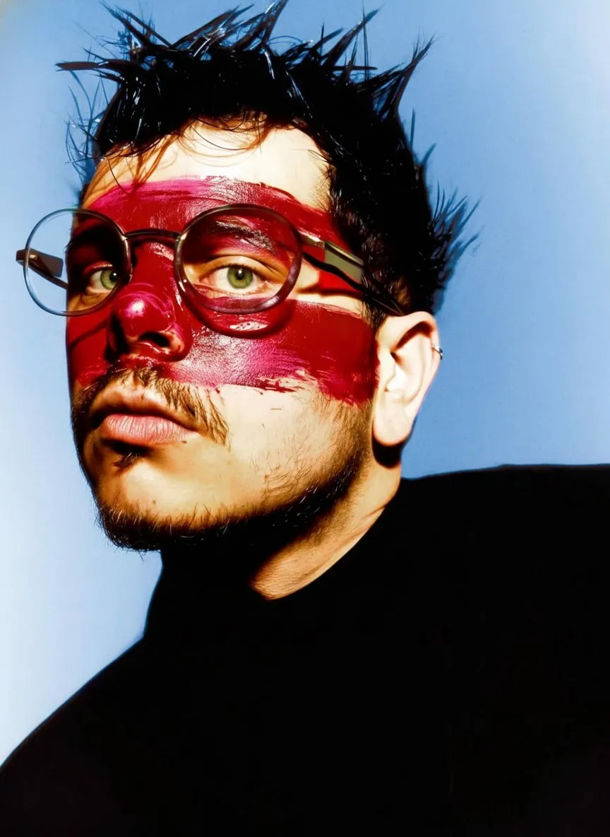 AI self-portrait: red war paint across the eyes and glasses