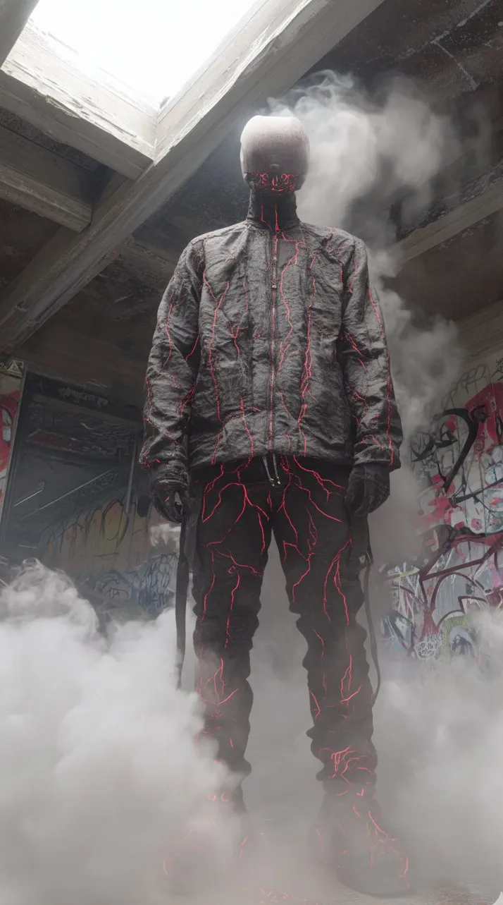 A figure in a patterned suit walking out of white smoke