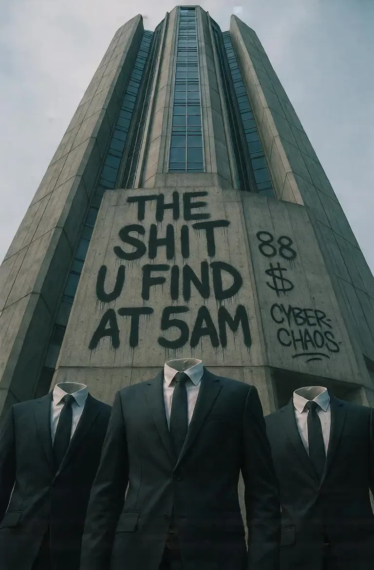 A tower reading “the shit u find at 5am” explodes behind three men in suits