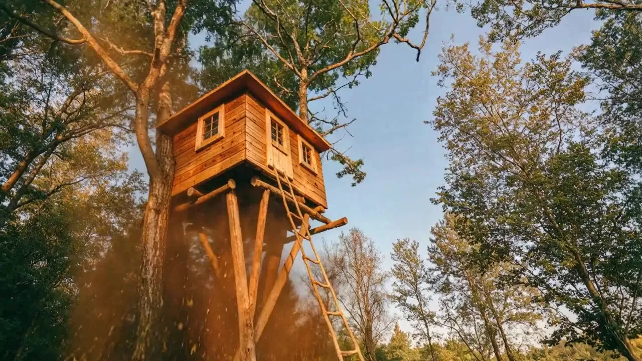 A treehouse shaking in the forest