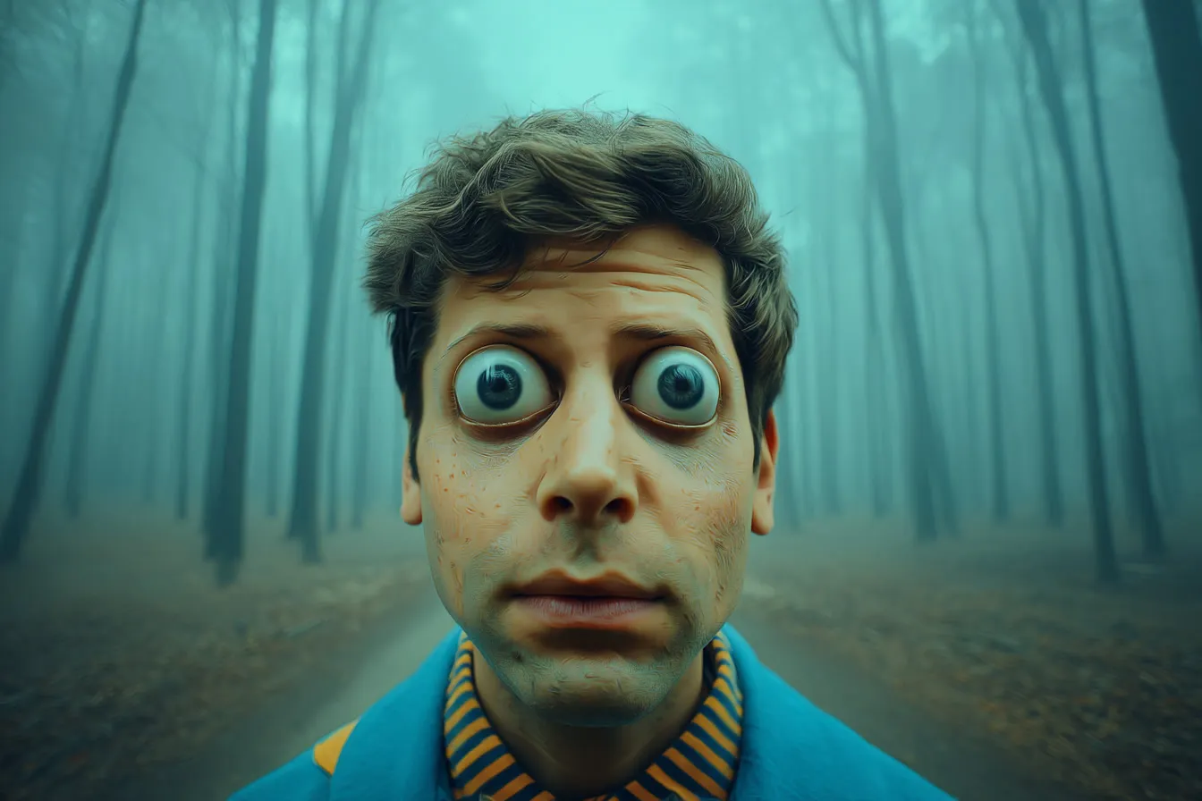 A wide-eyed man in a foggy forest, like an analog photo