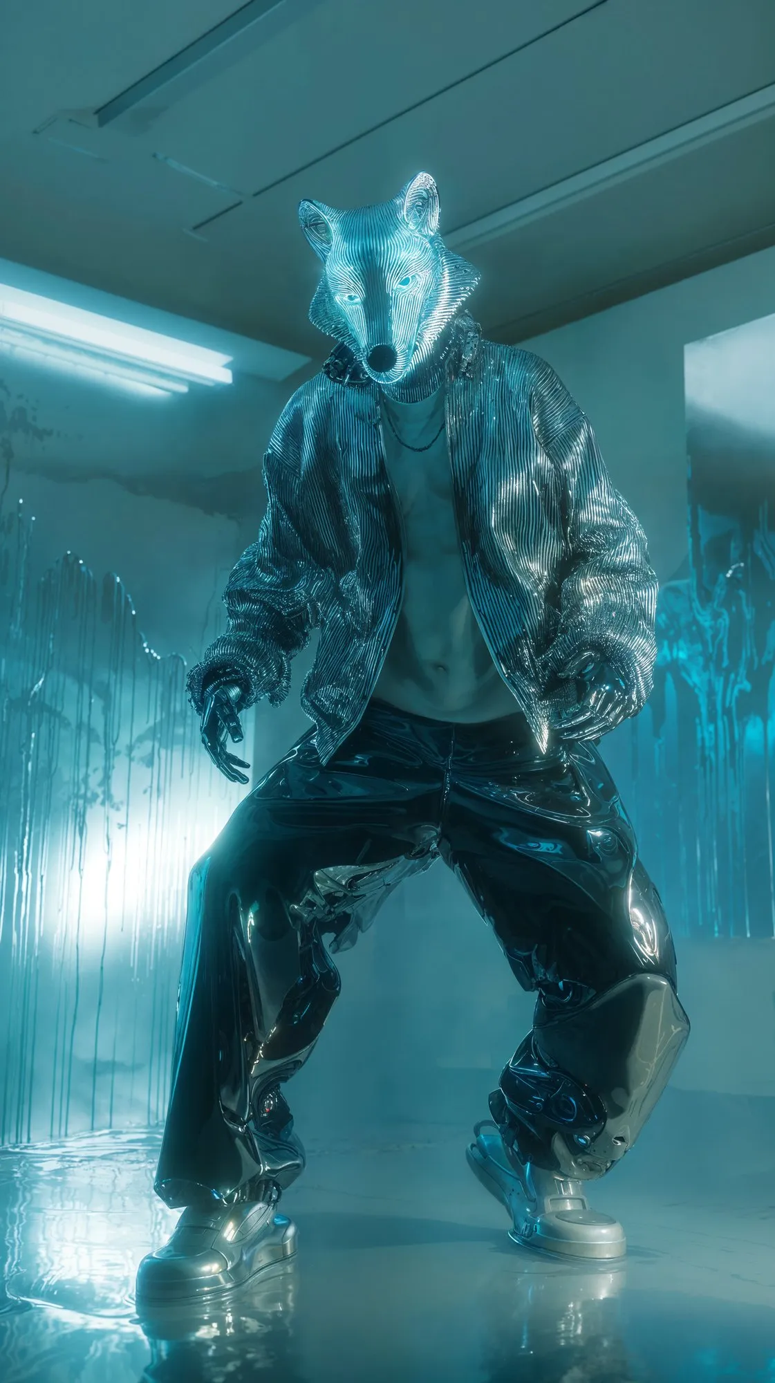 A wolf-headed figure in a vinyl jacket in an icy blue room